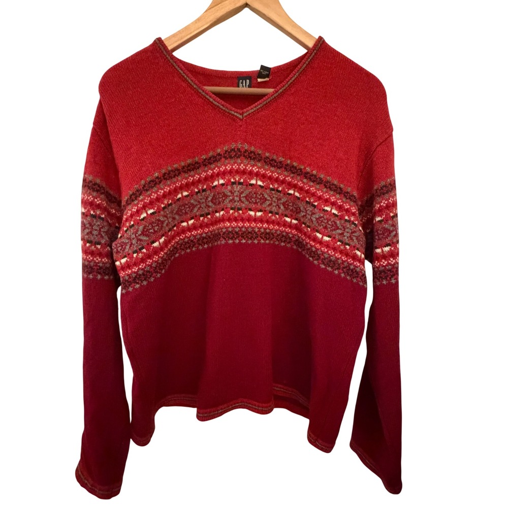 GAP Fair Isle Sweater Mens Large Red 100% Lambswool Excellent V-Neck Vintage 90s